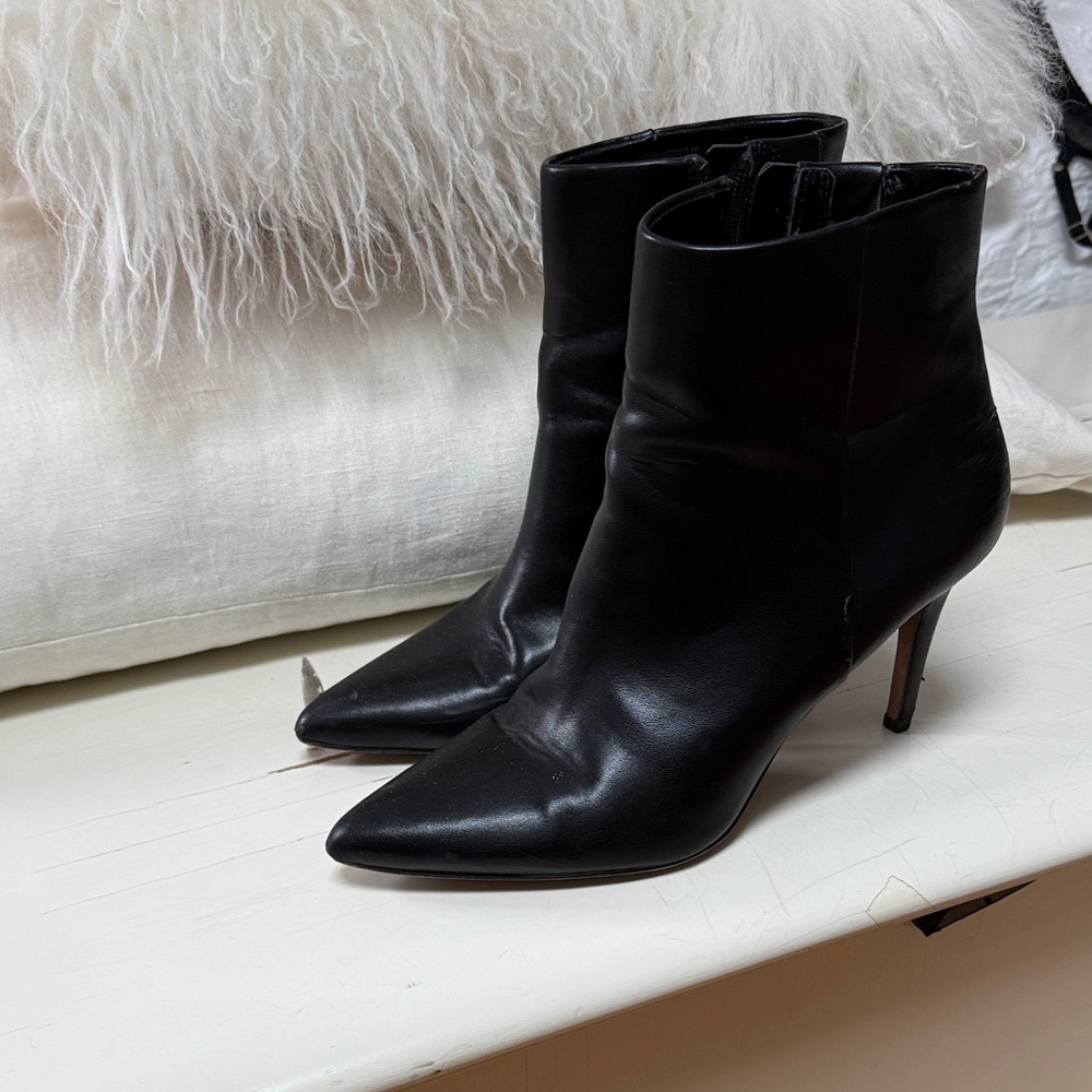 Pointed Toe Black Leather Stiletto Ankle Boots
